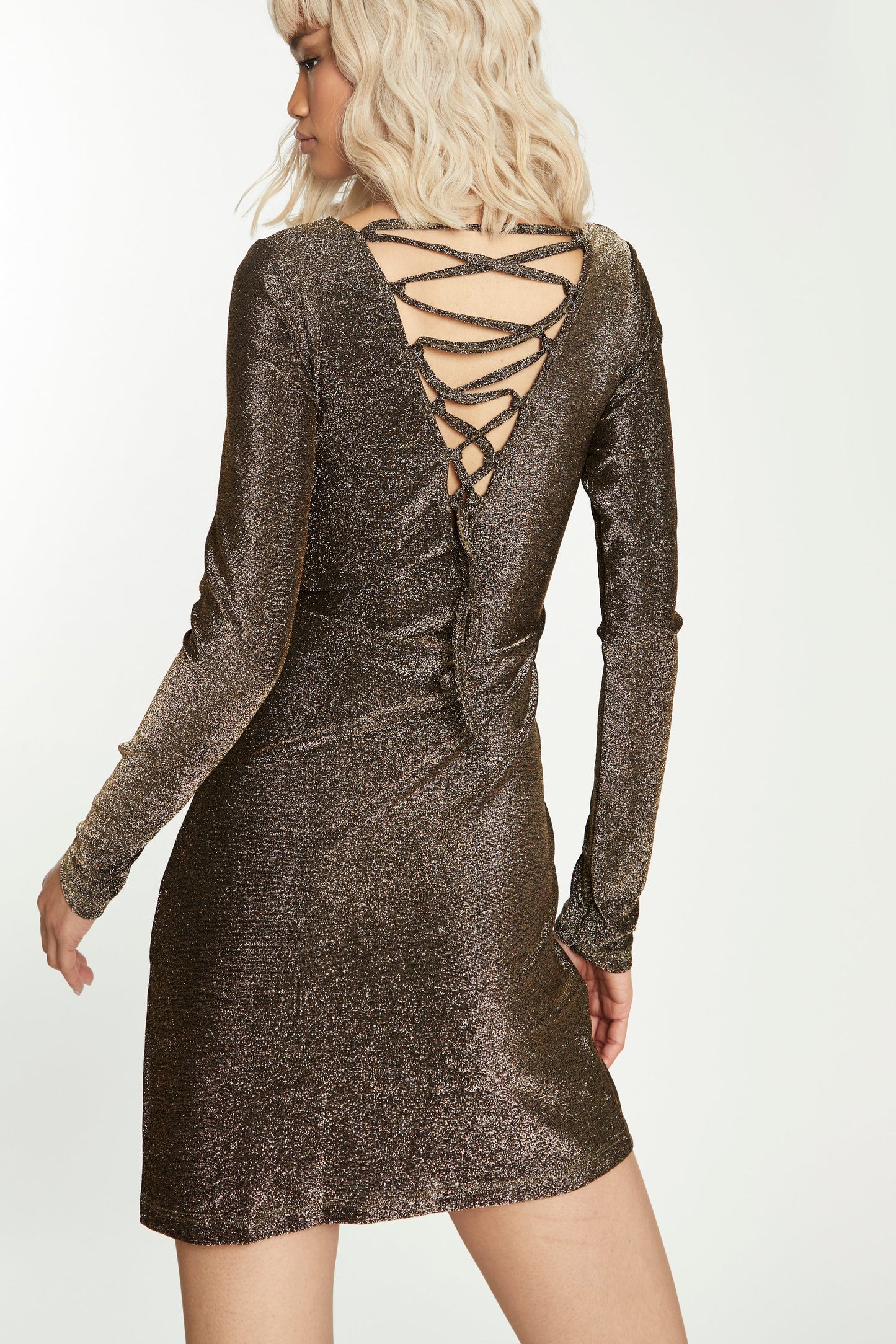 Glamorous Dark Gold Glitter Mini Dress with Lace Up Back